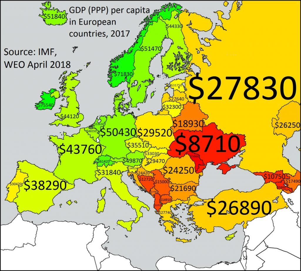 PKB (PPP) na mieszkańca w krajach europejskich (2017)