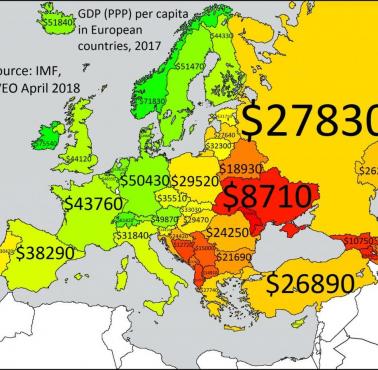 PKB (PPP) na mieszkańca w krajach europejskich (2017)