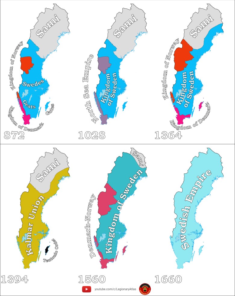 Mapa dzisiejszej Szwecji w 872, 1028, 1364, 1394, 1560 i 1660