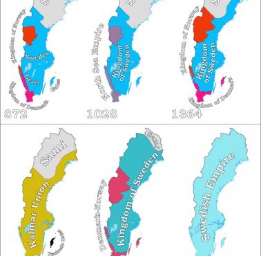 Mapa dzisiejszej Szwecji w 872, 1028, 1364, 1394, 1560 i 1660