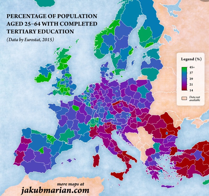 Odsetek osób dorosłych, które ukończyły studia wyższe, Europa, 2015