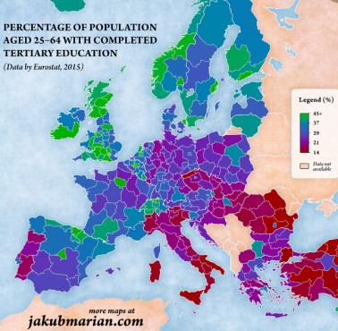 Odsetek osób dorosłych, które ukończyły studia wyższe, Europa, 2015