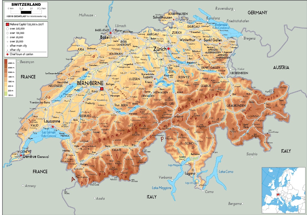 Topograficzna mapa Szwajcarii