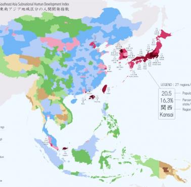 Regiony Azji Wschodniej i Południowo-Wschodniej według wskaźnika rozwoju społecznego (HDI) (z podziałem na regiony), 2018