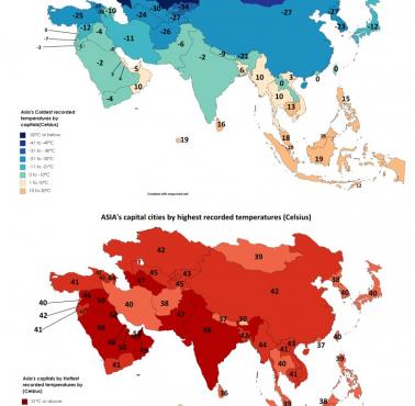 Stolice Azji według najwyższych i najniższych odnotowanych temperatur