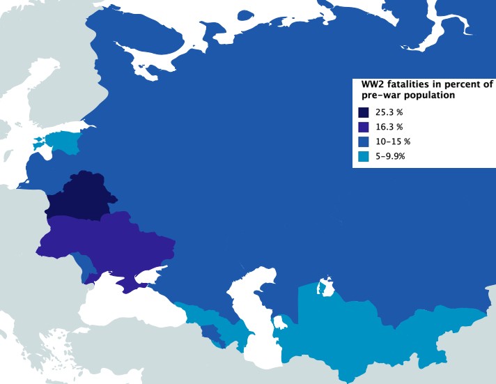 Liczba ofiar śmiertelnych z czasów II wojny światowej jako odsetek ludności w 1940 roku