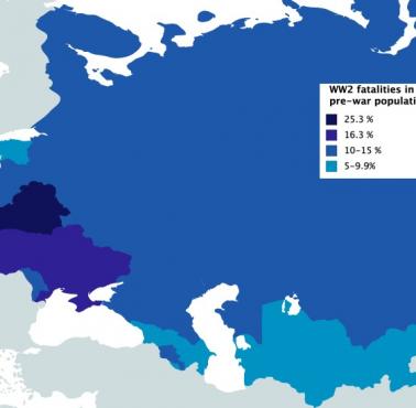 Liczba ofiar śmiertelnych z czasów II wojny światowej jako odsetek ludności w 1940 roku