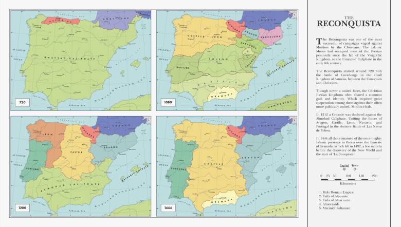 Rekonkwista – walka chrześcijan o wyparcie Maurów z Półwyspu Iberyjskiego, trwająca od VIII do XV wieku, 720, 1080, 1200, 1440