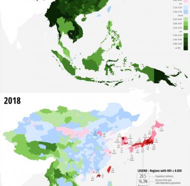 Wskaźnik rozwoju społecznego HDI (od ang. Human Development Index)  Azji Wschodniej i Południowo-Wschodniej, 1990 i 2015