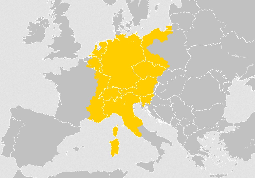 Święte Cesarstwo Rzymskie w latach 1155–1268 nałożone na dzisiejsze granice państwowe