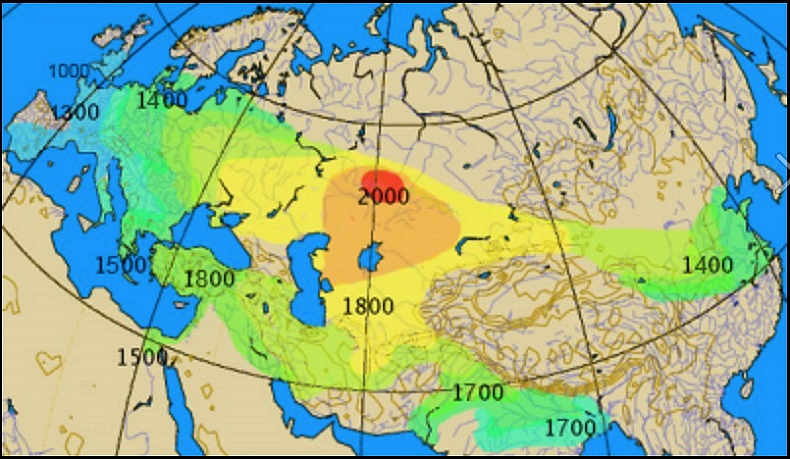 Przybliżona mapa rozprzestrzeniania się rydwanu ze stepu eurazjatyckiego (2000–1000 pne)