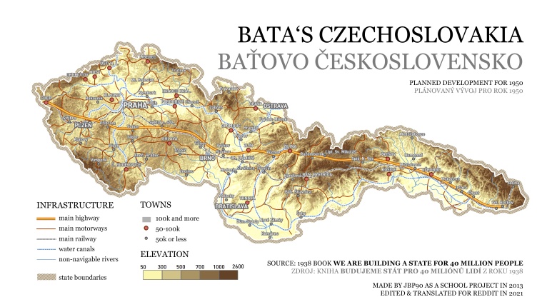 Propozycja budowy autostrady przez Czechosłowację z 1938 roku autorstwa Jana Antonina Baty