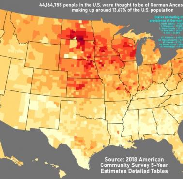 Odsetek Amerykanów z niemieckim pochodzeniem według stanu w 2018 r. (Według Biura Spisu Powszechnego USA)
