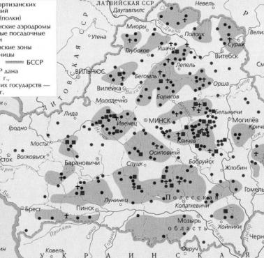 Rosyjska mapa z obszarami aktywności rosyjskiej partyzantki w okupowanej przez Niemców Białorusi, 1943