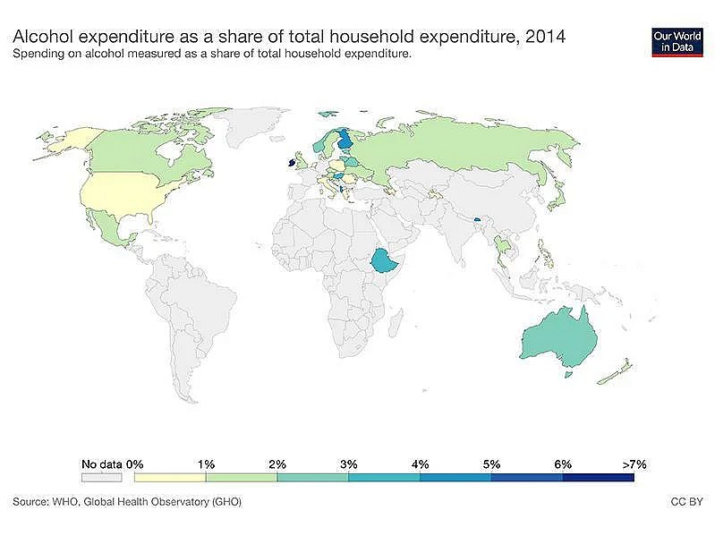 Środki wydawane na alkohol jako procent wydatków gospodarstwa domowego, 2014