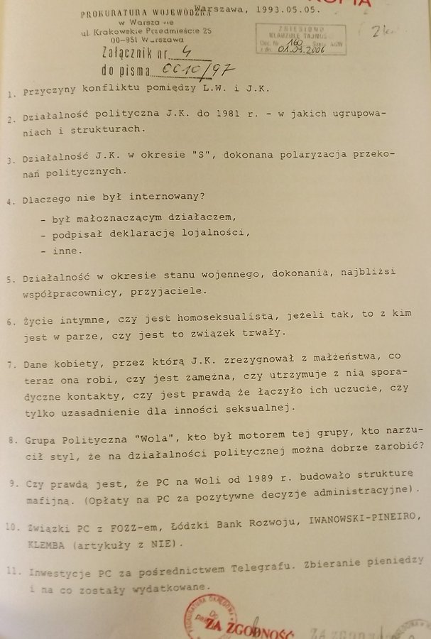 Inwigilacja prawicy - kierunki walki i obszary zainteresowania UOP Jarosławem Kaczyńskim z 1993 r.