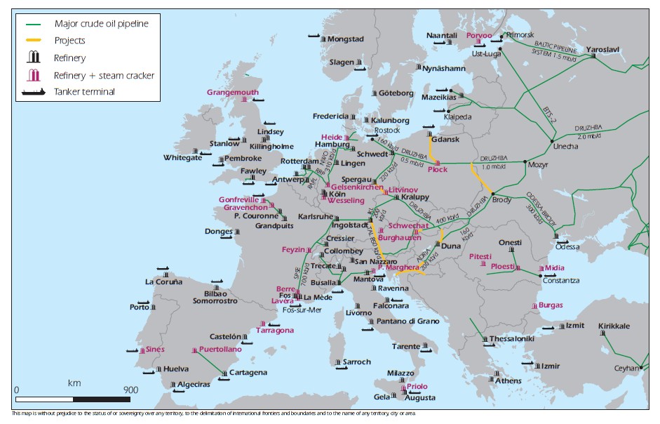 Rurociągi naftowe, rafinerie i terminale w całej Europie