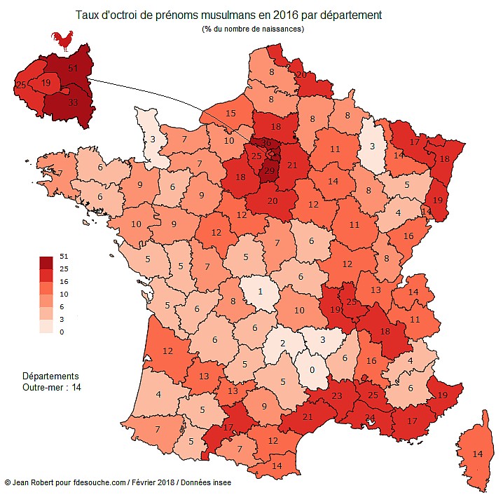 Udział noworodków o muzułmańskich imionach we Francji, 2016