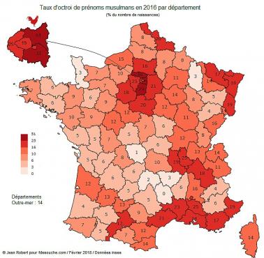Udział noworodków o muzułmańskich imionach we Francji, 2016