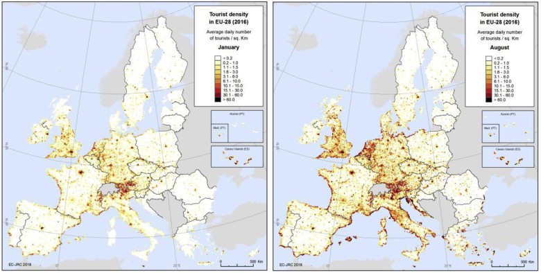 Natężenie ruchu turystycznego w Europie - styczeń i sierpień 2016