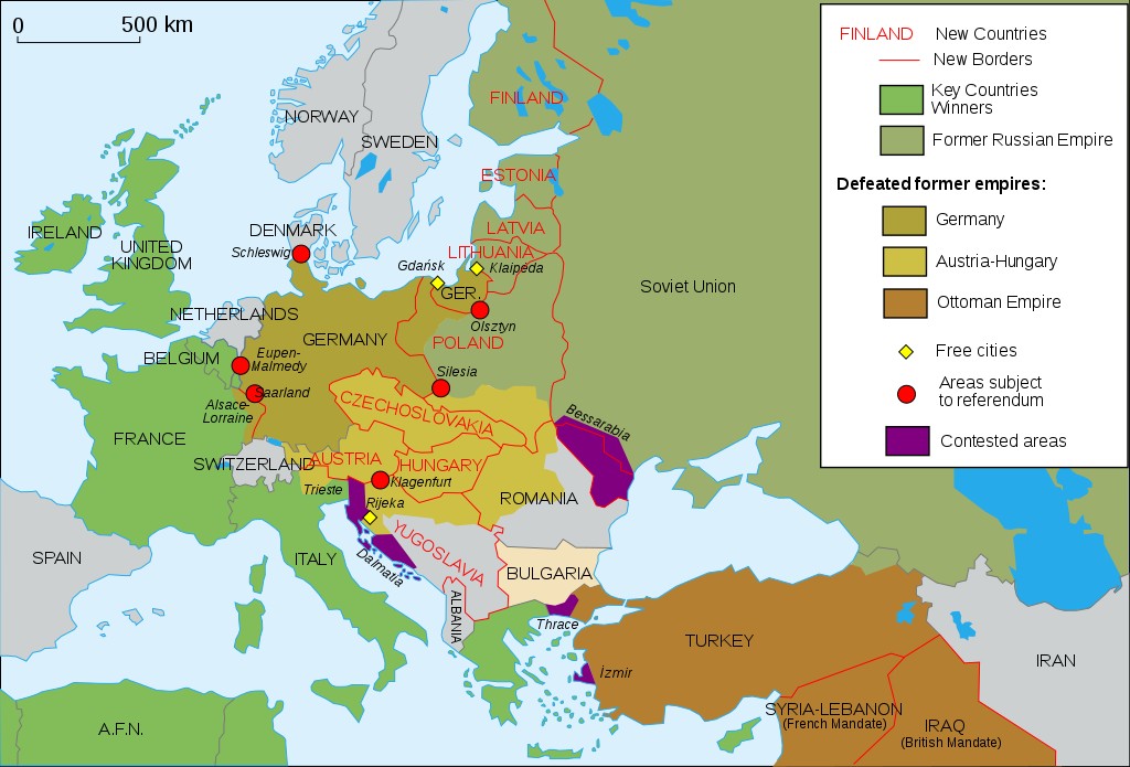 Mapa zmian terytorialnych w Europie po I wojnie światowej (stan na 1923 r.)