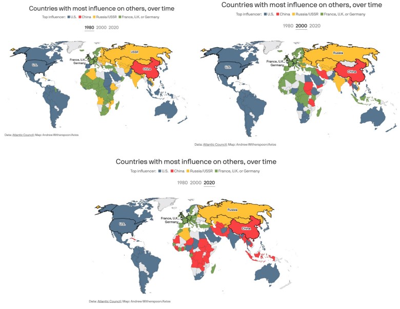 Geopolityka: Strefy wpływów USA, Chiny, Rosja/ZSRR, Niemcy, stan na 1980, 2000, 2020