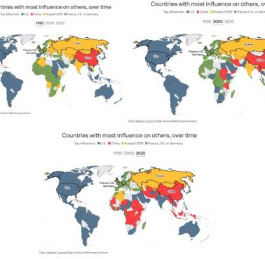 Geopolityka: Strefy wpływów USA, Chiny, Rosja/ZSRR, Niemcy, stan na 1980, 2000, 2020