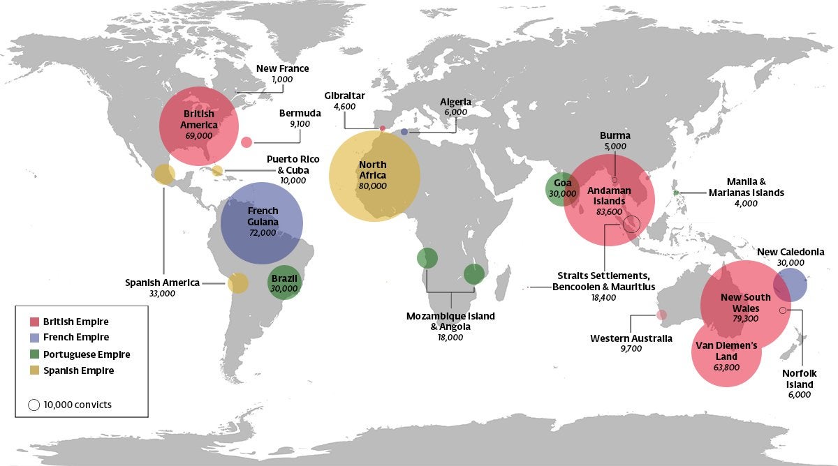 Miejsca na świecie, gdzie Hiszpania, Francja, Wielka Brytania i Portugalia, wysyłały swoich skazańców