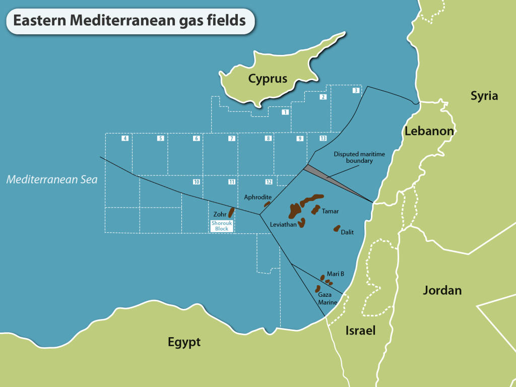 Złoża gazu ziemnego i strefy sporne na Morzu Śródziemnym