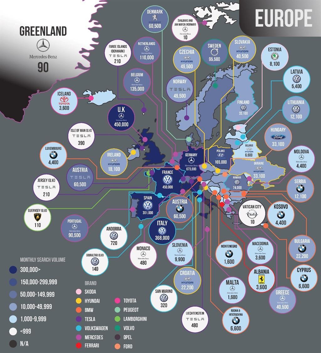 Najczęściej wyszukiwana marka samochodów w Google według krajów europejskich, 2018