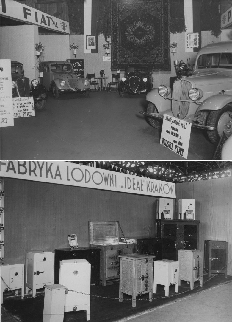 1937. Targi Katowickie. Stoiska wystawiennicze: Polskiego Fiata, Fabryki Lodowni Ideał