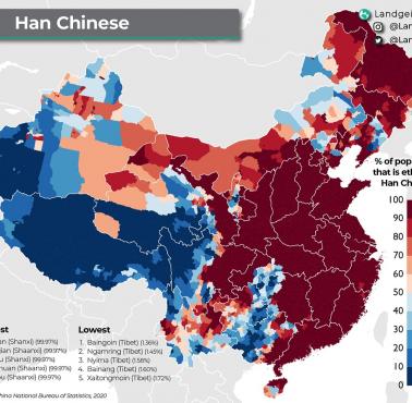 Odsetek Chińczyków Han w poszczególnych prowincjach, według spisu 2020
