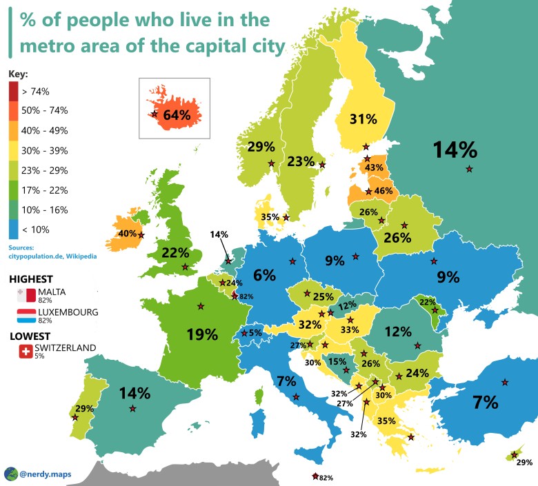 Odsetek ludności w krajach europejskich, która mieszka w obszarze metropolitalnym stolicy