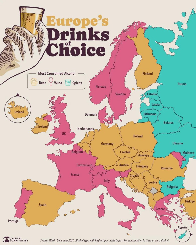 Preferowany typ napojów alkoholowych (piwo, wino, wódka) w europejskich krajach, 2020