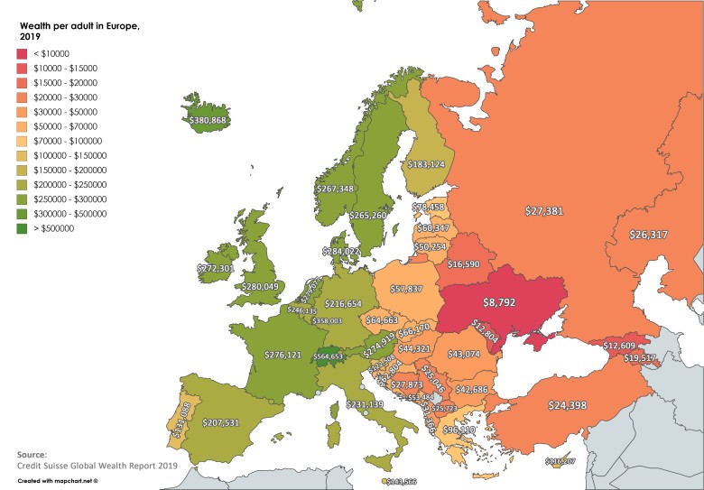 Średnie bogactwo na osobę dorosłą w Europie, 2019