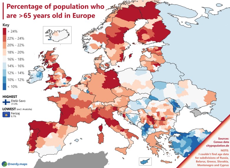 Odsetek ludności w wieku powyżej 65 lat w Europie