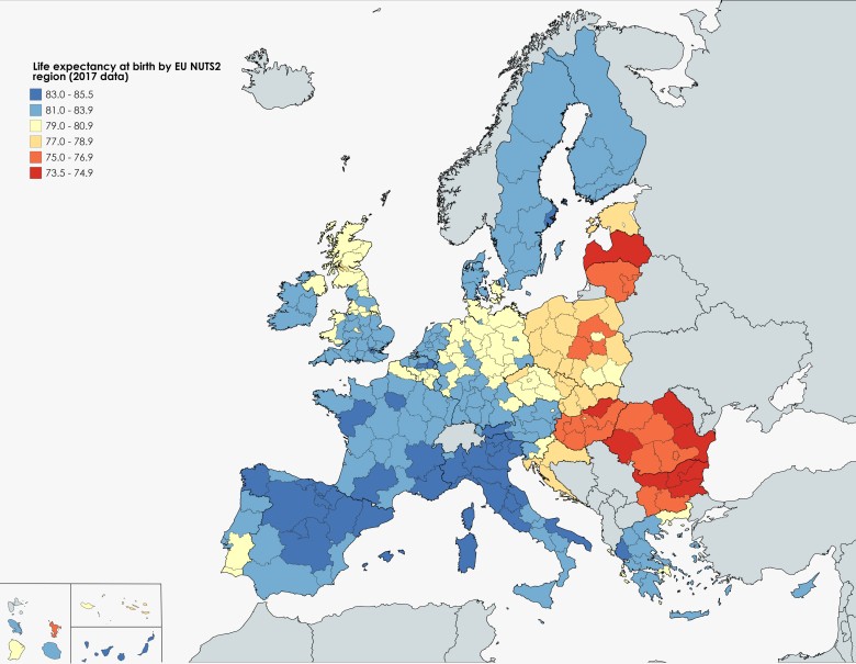 Oczekiwana długość życia w chwili urodzenia w UE w 2017 roku
