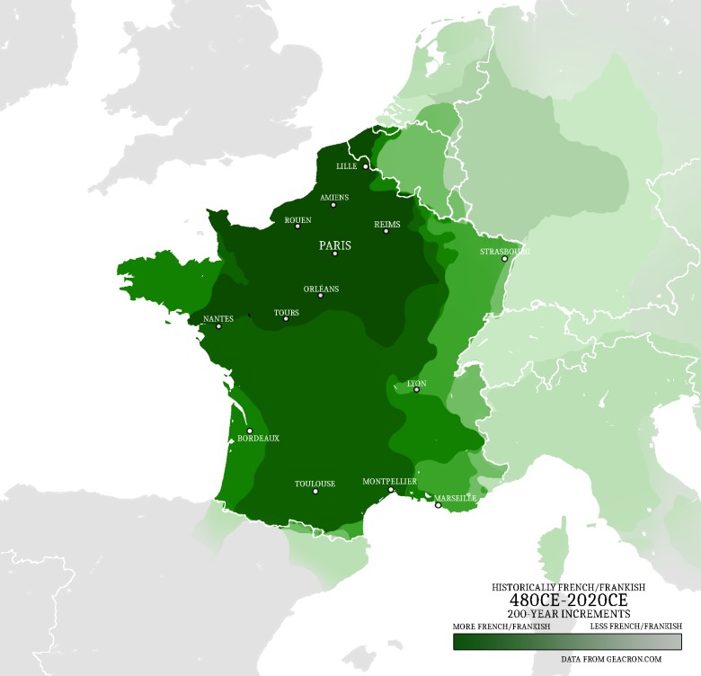 Ewolucja terytorialna Francji (widoczny obszar rdzeniowy), 480-2020
