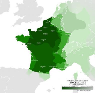 Ewolucja terytorialna Francji (widoczny obszar rdzeniowy), 480-2020