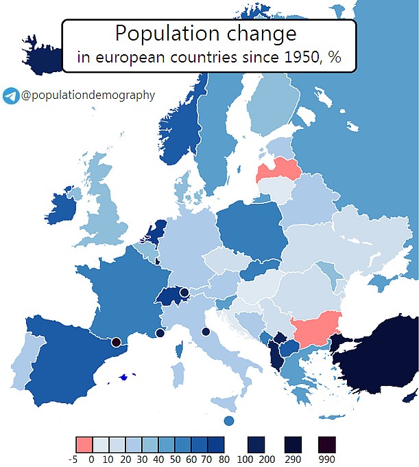 Zmiana liczby ludności w krajach europejskich od 1950 roku