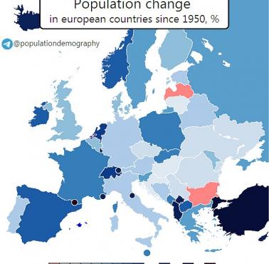 Zmiana liczby ludności w krajach europejskich od 1950 roku