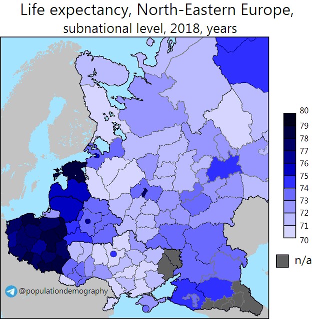 Oczekiwana długość życia z podziełem na regiony, Europa Północno-Wschodnia, 2018