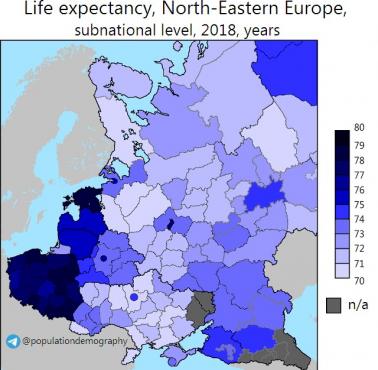 Oczekiwana długość życia z podziełem na regiony, Europa Północno-Wschodnia, 2018