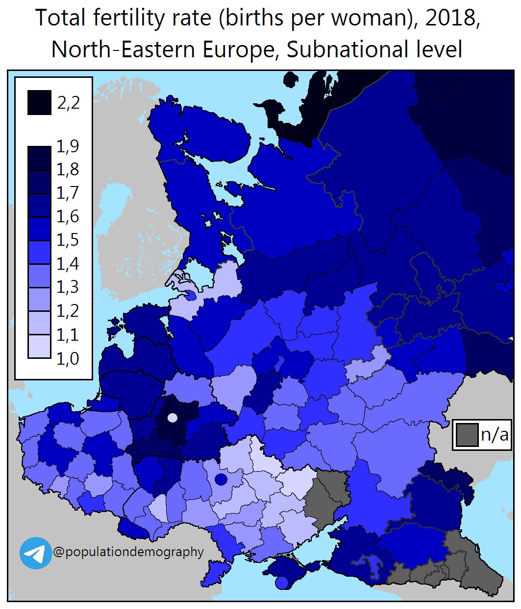 Współczynnik dzietności (liczba urodzeń na kobietę) całkowitej według regionów, Europa Północno-Wschodnia, 2018