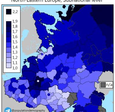 Współczynnik dzietności (liczba urodzeń na kobietę) całkowitej według regionów, Europa Północno-Wschodnia, 2018