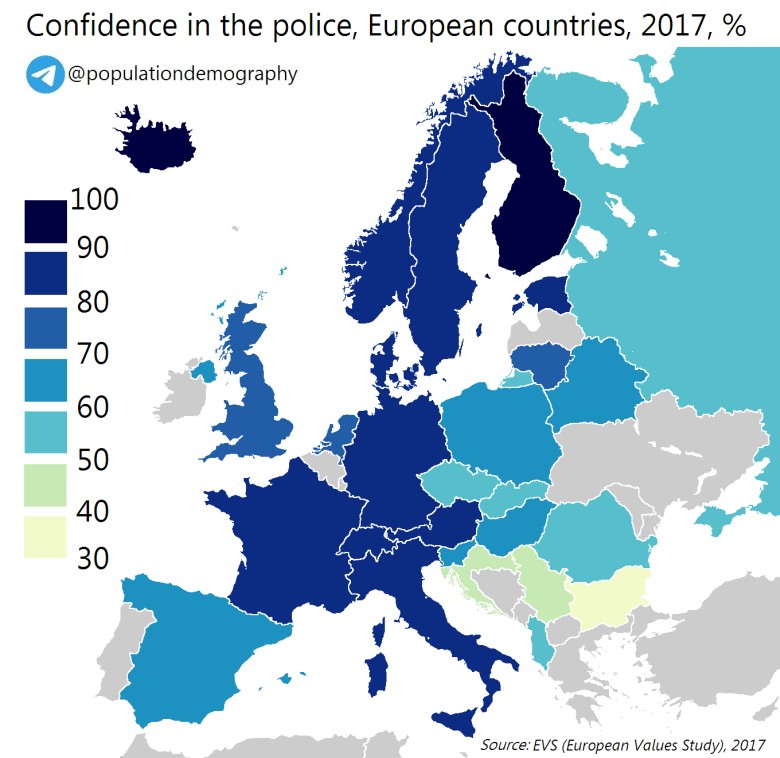 Zaufanie do policji w europejskich krajach, 2017
