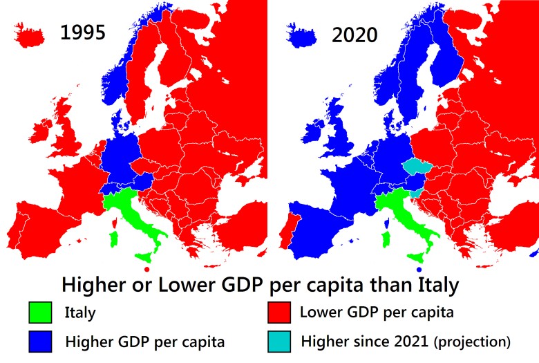 Kraje europejskie o wyższym lub niższym PKB na mieszkańca (PPP) niż Włochy, 1995 i 2020