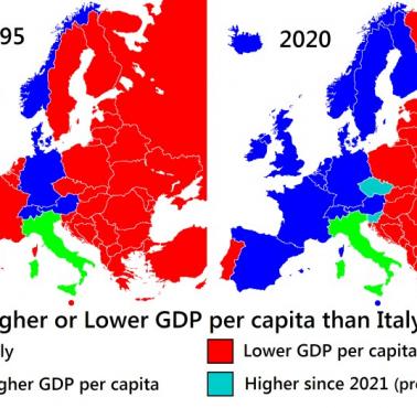 Kraje europejskie o wyższym lub niższym PKB na mieszkańca (PPP) niż Włochy, 1995 i 2020
