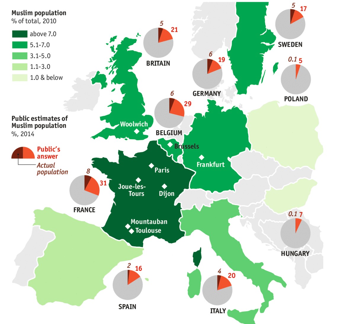 Populacja muzułmanów, a publiczne szacunki populacji muzułmanów w Europie, 2010