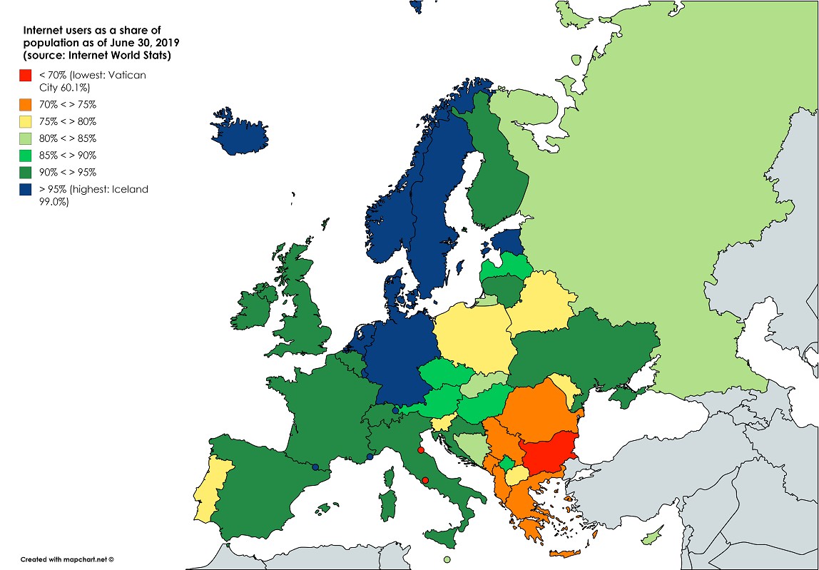 Użytkownicy internetu w Europie, 2019